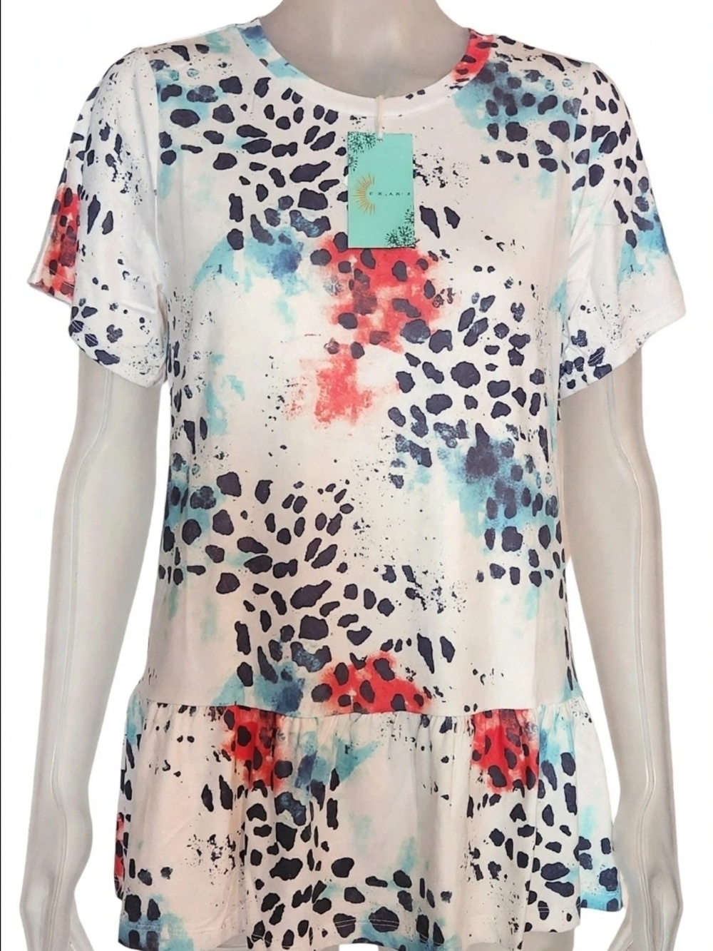 NWT Sunshine & Rodeo Dalmatian Tie Dye Ruffle Hem Top White Blue Coral Leopard